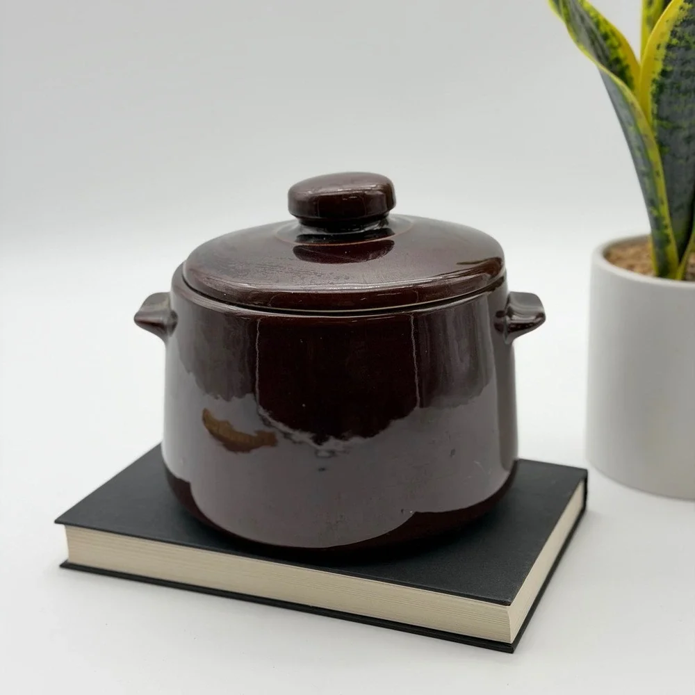 Vintage West Bend Brown Glazed Stoneware Bean Pot with Lid Made in USA Fall